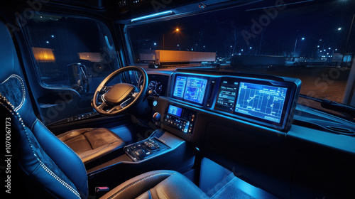 Modern semi truck cabin with illuminated dashboard at night