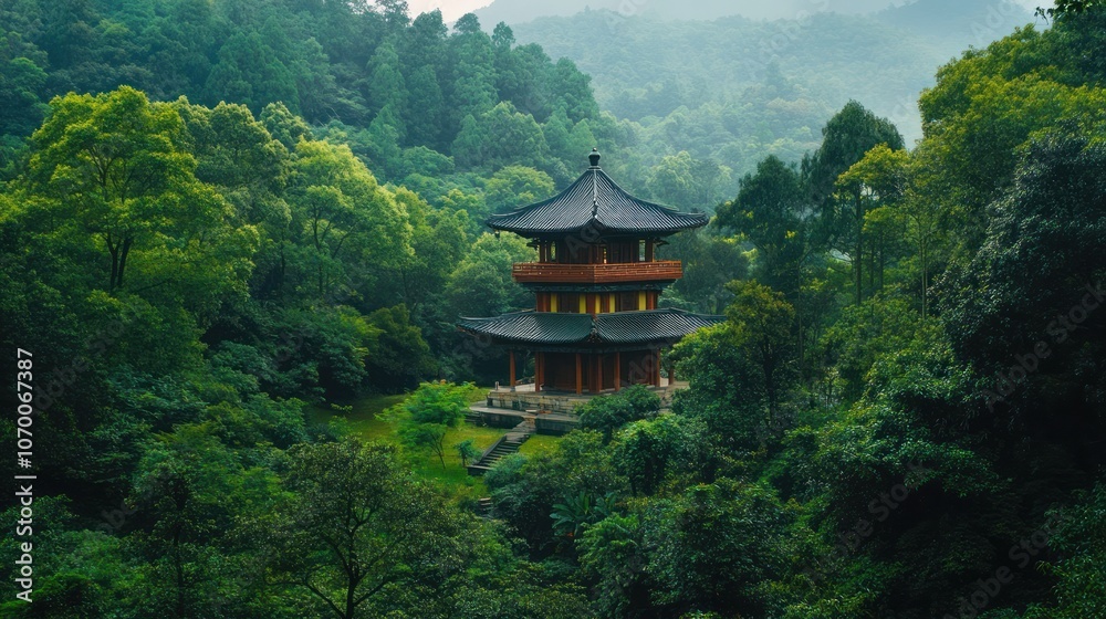 A serene temple nestled in a forest, with tranquil surroundings, A serene temple nestled in a forest, with tranquil surroundings,