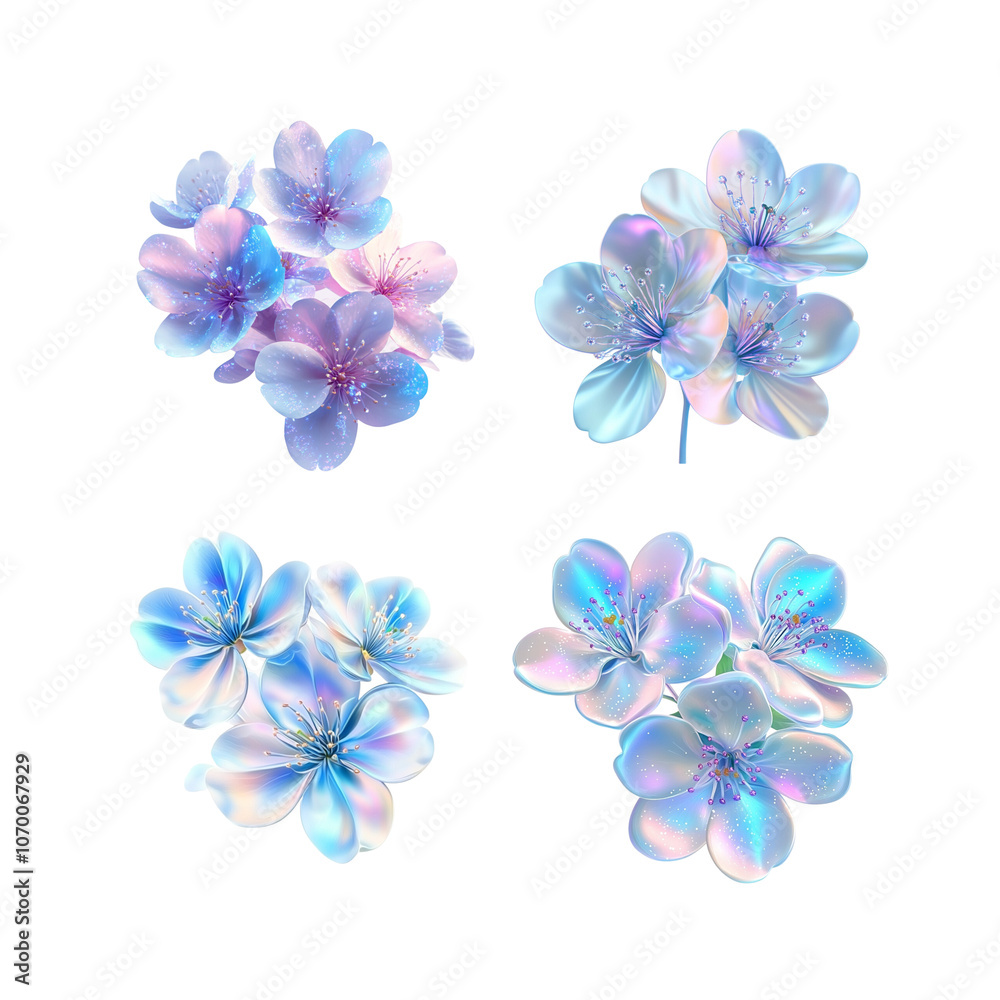 3D blue gradient holographic peach blossom isolated on white background. 3D blue gradient holographic peach blossom isolated on white background.