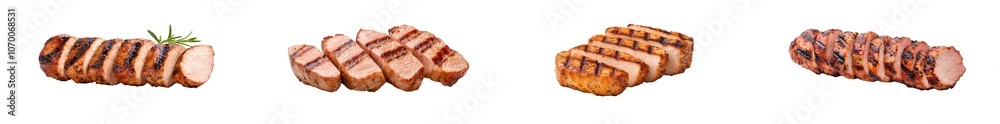 Detailed view of roasted pork loin slices, displaying the juicy, tender slices. Isolated on transparent background, png. Detailed view of roasted pork loin slices, displaying the juicy, tender slices. Isolated on transparent background, png.