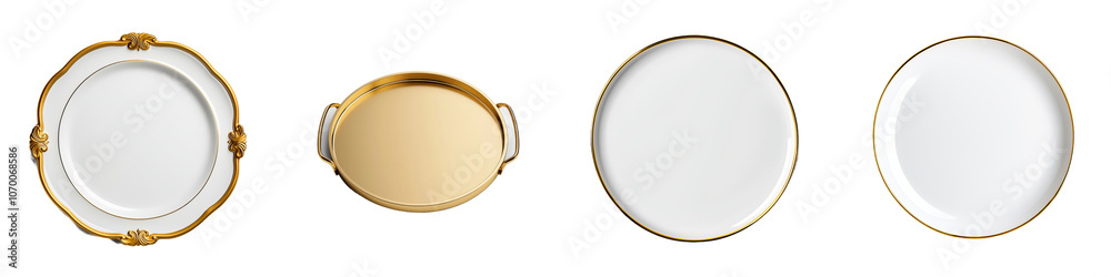 Isolated on transparent background, this golden plate has a minimal design featuring a sleek smooth surface, perfect for modern dining and table settings. Isolated on transparent background, this golden plate has a minimal design featuring a sleek smooth surface, perfect for modern dining and table settings.