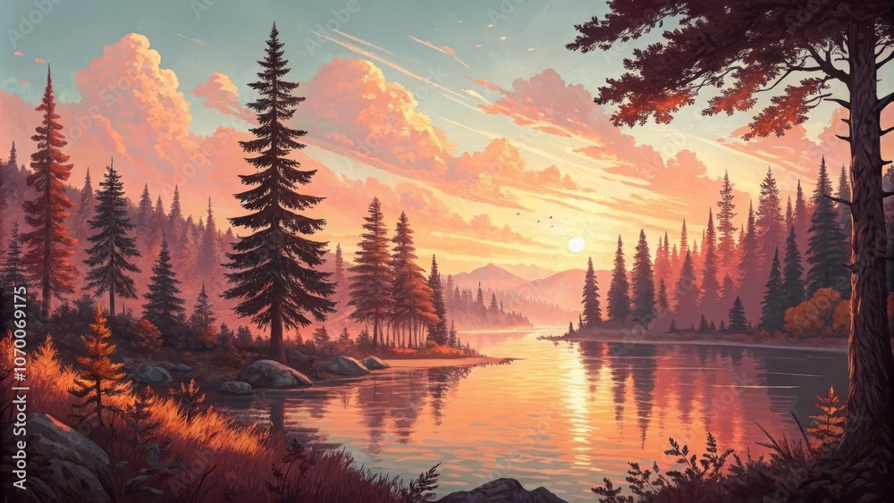 Fototapeta premium Sunset Over a Tranquil Forest Lake - A Serene Landscape Painting