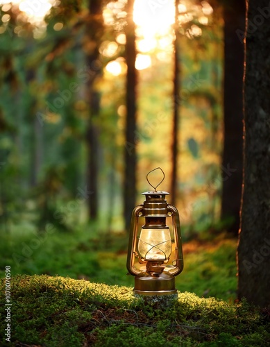 Antique kerosene lamp in the forest in the evening, space for text photo