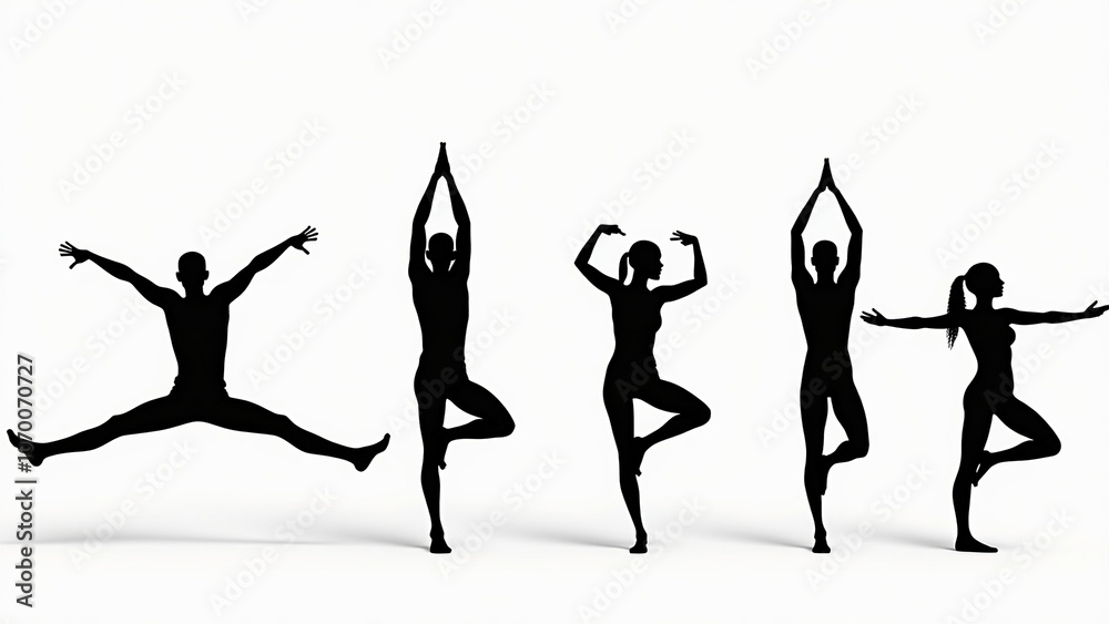Silhouettes of people practicing diverse yoga poses on a white background, capturing the essence of balance and flexibility