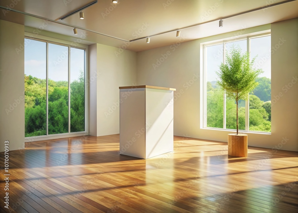 3D Render of an Empty Room Featuring a Blank Product Stand, Perfect for Showcasing Designs or Advertising New Products in a Minimalistic Setting 3D Render of an Empty Room Featuring a Blank Product Stand, Perfect for Showcasing Designs or Advertising New Products in a Minimalistic Setting