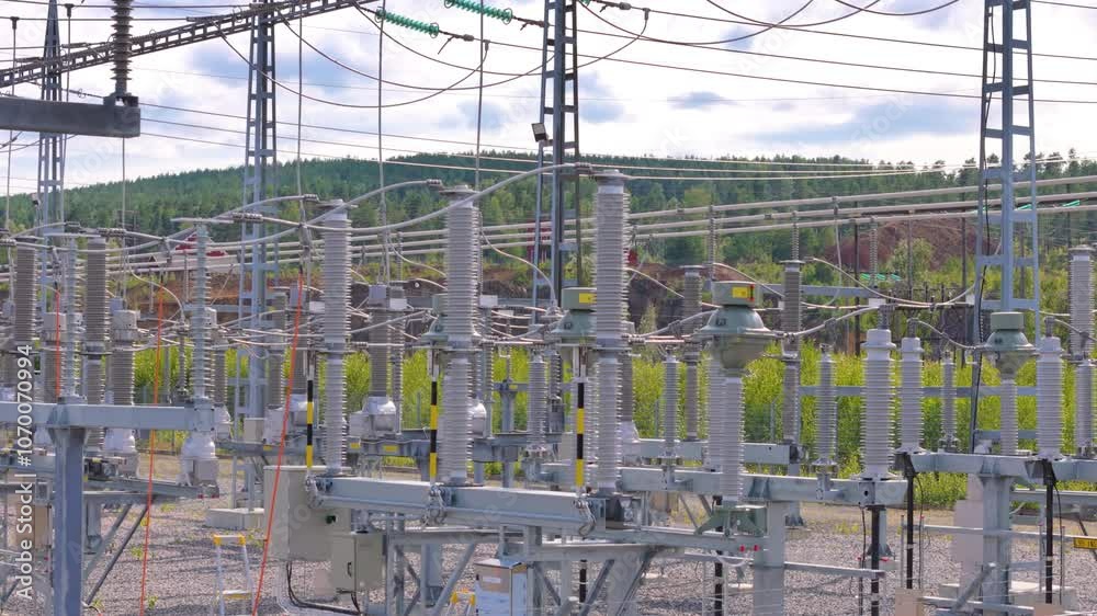 Drone view of electricity substation with distribution lines and infrastructure Drone view of electricity substation with distribution lines and infrastructure