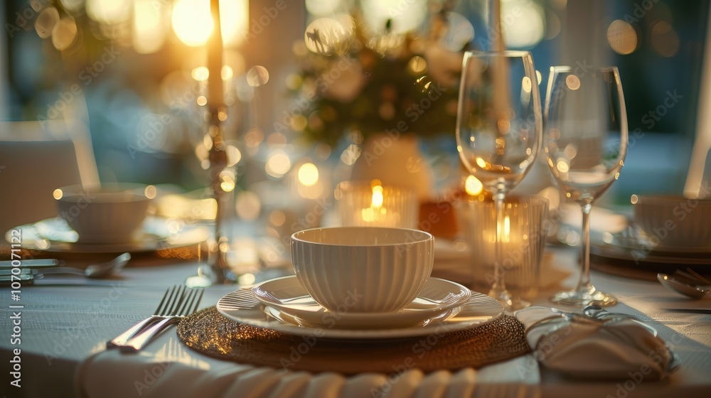 Fototapeta premium Elegant table setting with candles and fine china, captured during a romantic evening dinner with soft, warm lighting.