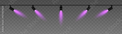 Row of adjustable spotlights with warm purple glow, casting angled beams. Modern lighting setup suitable for stage, exhibition, or interior decor, adding ambiance against a dark background