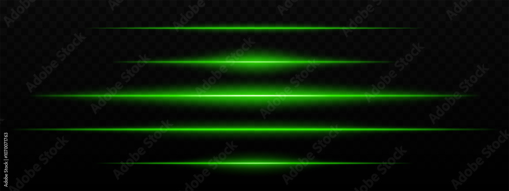 Intense green horizontal light streaks with a glow effect on a dark background. Suitable for futuristic themes, sci-fi effects, or digital transitions. Intense green horizontal light streaks with a glow effect on a dark background. Suitable for futuristic themes, sci-fi effects, or digital transitions.
