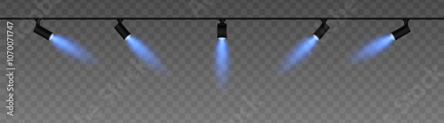 Row of adjustable spotlights with warm blue glow, casting angled beams. Modern lighting setup suitable for stage, exhibition, or interior decor, adding ambiance against a dark background