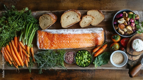 Healthy and Balanced Meal Beautifully Arranged on Rustic Wooden Table