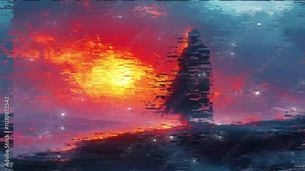 A mysterious hooded figure stands against a fiery backdrop during ...