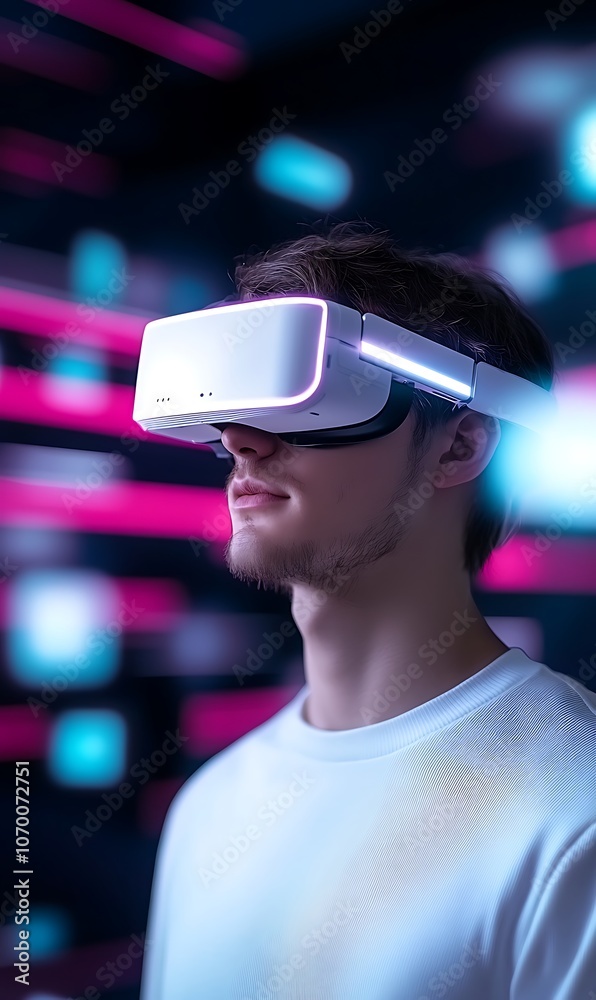 Man wearing a virtual reality headset with blurred neon lights in the background. Man wearing a virtual reality headset with blurred neon lights in the background.
