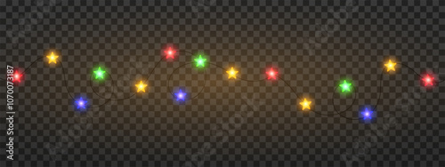 Garland of colorful star shaped Christmas lights hanging on a dark background, festive atmosphere. A string glowing fairy lights on a transparent background. Decorative, warm lighting