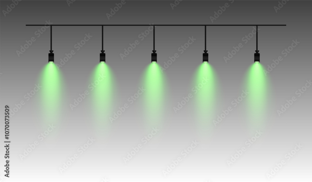 Row of green spotlights hanging from a track. Soft glow illuminating downward, creating a modern lighting effect. Ideal for stage lighting, exhibitions, and interior designs. Stage light