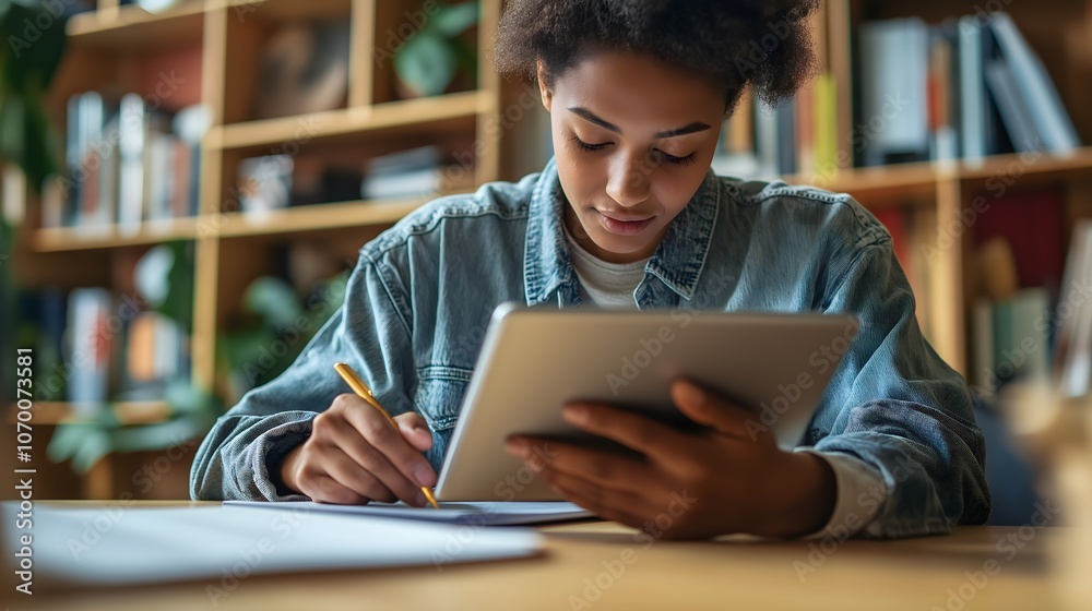 Woman Takes Notes on Tablet During Online Meeting Woman Takes Notes on Tablet During Online Meeting