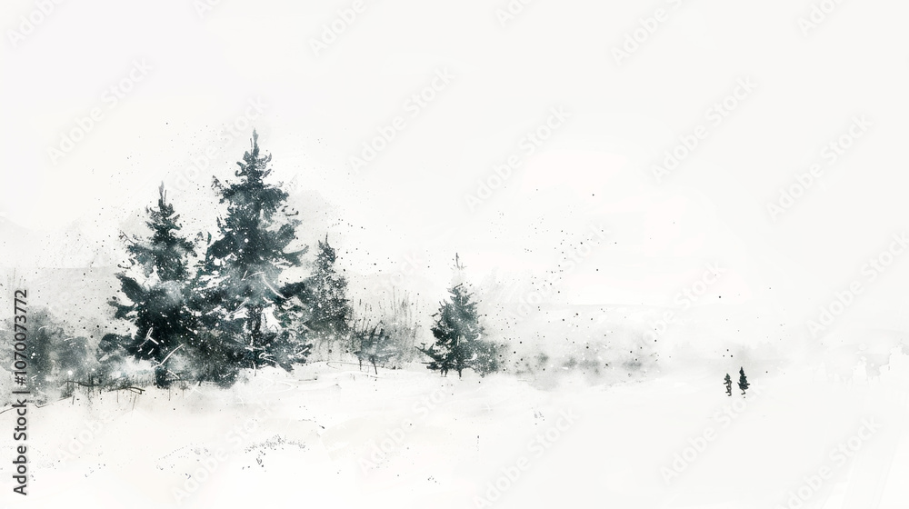 Minimalistic Winter Landscape with Pine Trees in Snow, Artistic Winter Sketch Style Minimalistic Winter Landscape with Pine Trees in Snow, Artistic Winter Sketch Style