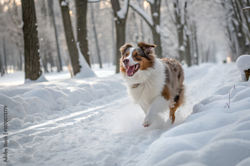 Australian Shepherd running are having fun in winter park Australian Shepherd running are having fun in winter park