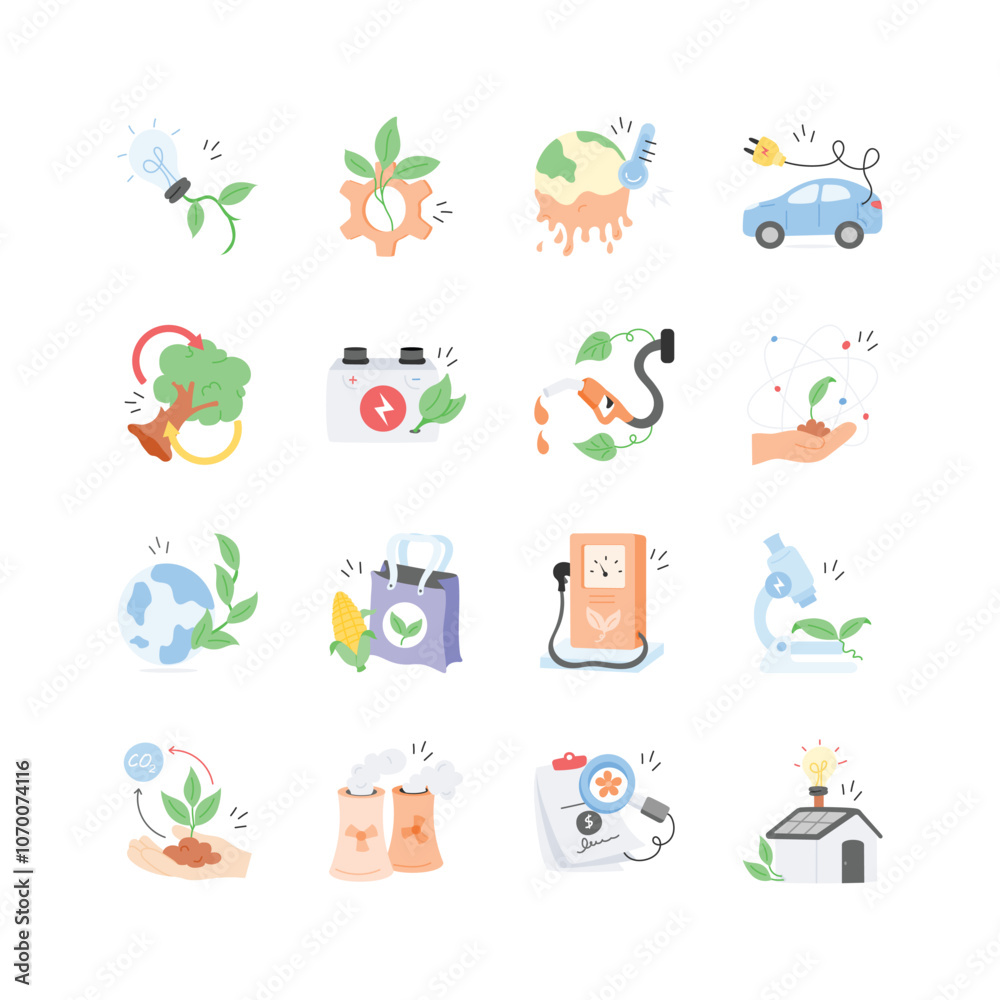 A collection of icons showcasing various aspects of environmental sustainability and green initiatives