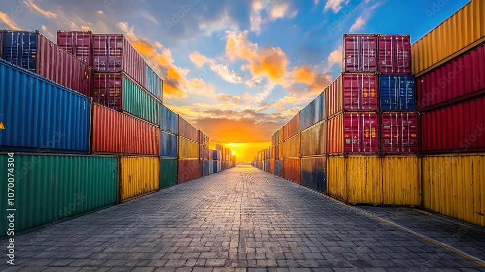 Fototapeta premium Colorful shipping containers line a vibrant port at sunset, creating a stunning pathway into the horizon with brilliant clouds. Generative AI