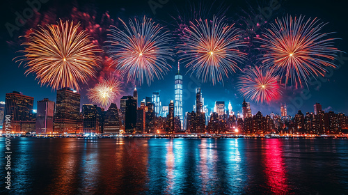 NYC Fireworks Extravaganza: A breathtaking display of fireworks explodes over the iconic New York City skyline, painting the night sky with vibrant colors and reflecting in the tranquil waters.