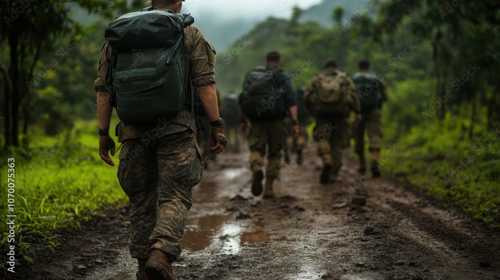 Group of soldiers in combat gear walking along a forest path Group of soldiers in combat gear walking along a forest path