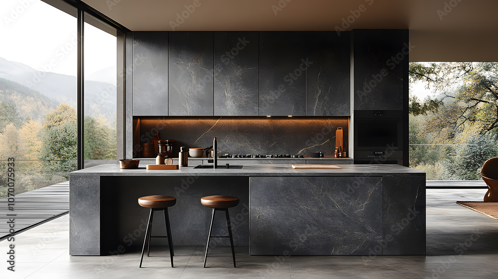 A photography capturing the simplicity of a modern minimalistic kitchen with an open-plan design, featuring a central island with a polished concrete finish and minimalist bar stools. A photography capturing the simplicity of a modern minimalistic kitchen with an open-plan design, featuring a central island with a polished concrete finish and minimalist bar stools.