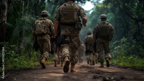 Military men in combat gear on forest patrol