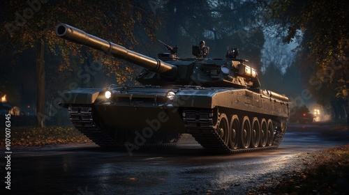 Military tank advancing through a wooded area at dusk