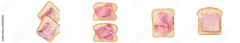 The top view of a slice of bread with ham and lettuce is isolated on a transparent background The top view of a slice of bread with ham and lettuce is isolated on a transparent background