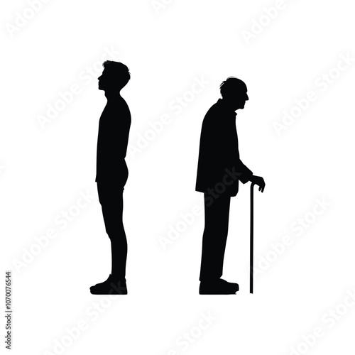Vector Illustration Showing the Difference Between Youth and Old Age with Young and Older Men Silhouettes