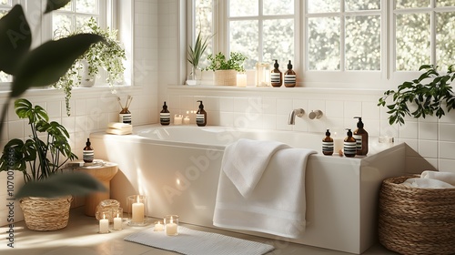 Relaxing Bath with Candles, Essential Oils, and Flowers