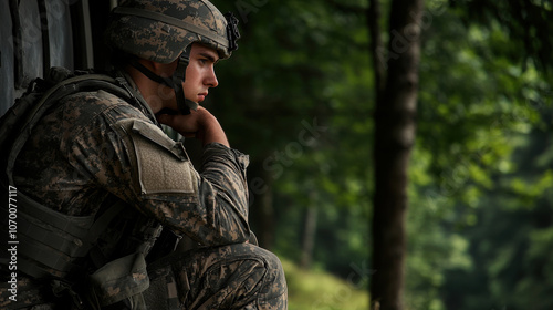 Thoughtful soldier in camouflage uniform in a forested environment