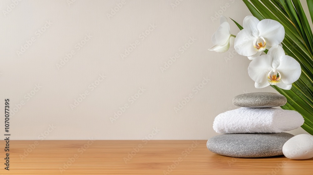 Relaxing spa treatment setup with towels and rocks, complemented by a backdrop of elegant white orchids on a serene wooden table Relaxing spa treatment setup with towels and rocks, complemented by a backdrop of elegant white orchids on a serene wooden table