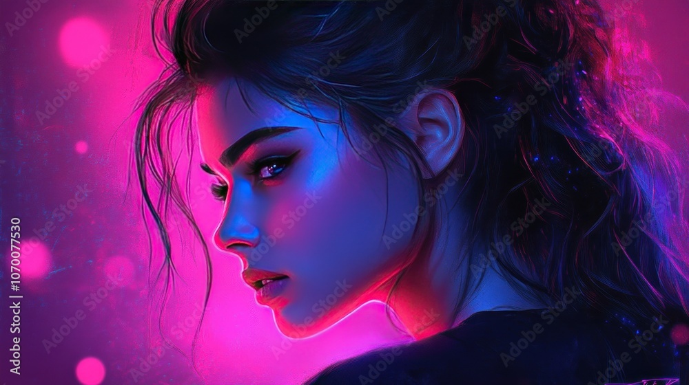 Digital portrait of a young woman with neon pink and blue lights, emphasizing sharpness and details in digital style. Digital portrait of a young woman with neon pink and blue lights, emphasizing sharpness and details in digital style.