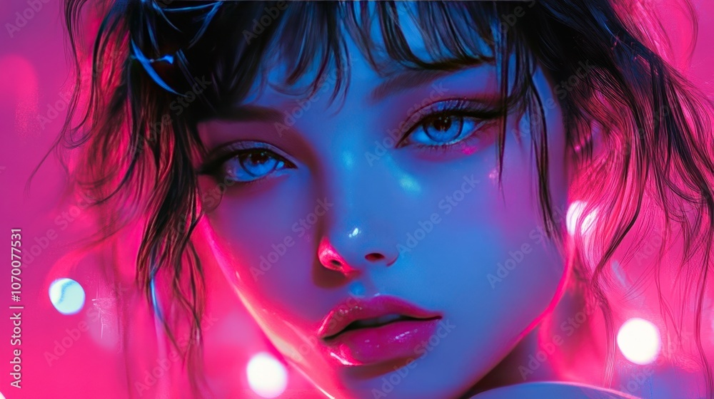 Digital portrait of a young woman with neon pink and blue lights, emphasizing sharpness and details in digital style. Digital portrait of a young woman with neon pink and blue lights, emphasizing sharpness and details in digital style.