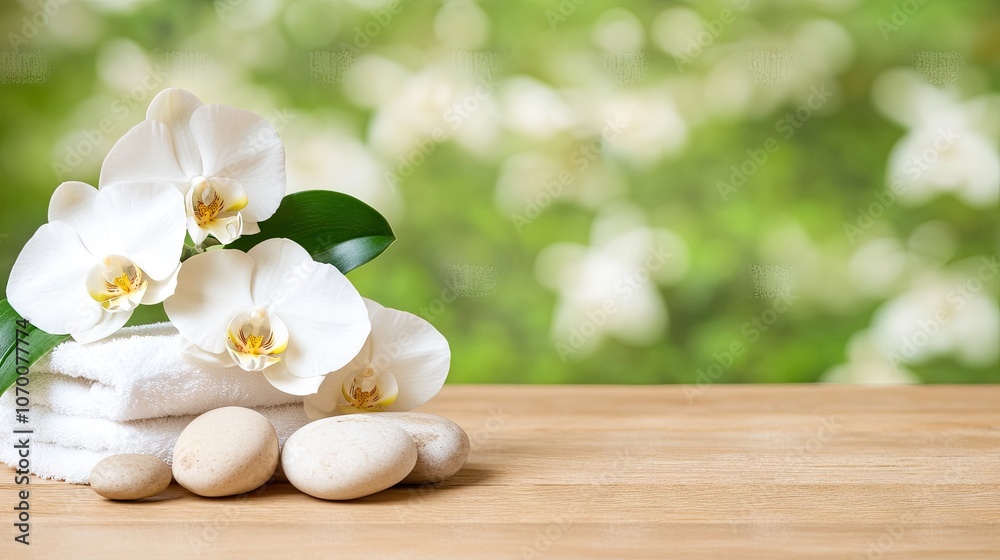 Relaxing spa treatment setup with towels and stones surrounded by elegant white orchids in a tranquil setting Relaxing spa treatment setup with towels and stones surrounded by elegant white orchids in a tranquil setting