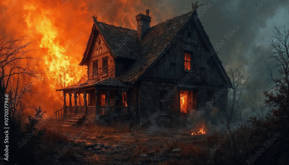 Abandoned House Engulfed in Flames at Night Abandoned House Engulfed in Flames at Night