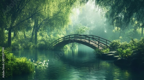 A tranquil river with a wooden bridge, surrounded by greenery