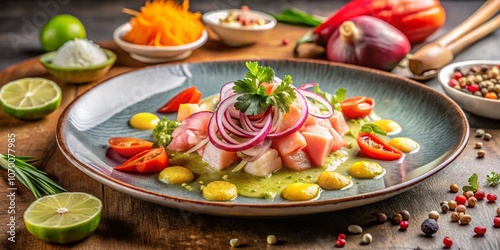 A Colorful Array of Peruvian Cuisine Featuring Ceviche, Quinoa, and Other Traditional Dishes on a Minimalist Background for Culinary Enthusiasts and Food Photography Lovers