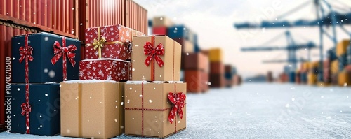 Logistic Christmas and New Year concept. A snowy scene featuring colorful gift boxes with ribbons, stacked near shipping containers in a port, evoking a festive atmosphere.