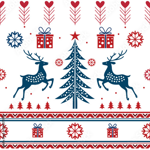 Christmas card design with deer, snowflakes, and festive patterns