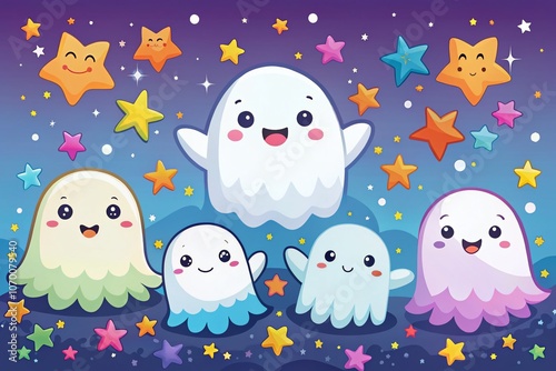 Adorable Cartoon Ghosts with Expressive Faces Surrounded by Colorful Stars, Perfect for Halloween and Fun Themed Designs, Capturing Playful Spirits in a Whimsical Atmosphere