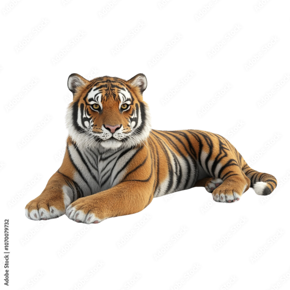 Obraz premium A tiger lying down, looking at the camera, isolated on a white background