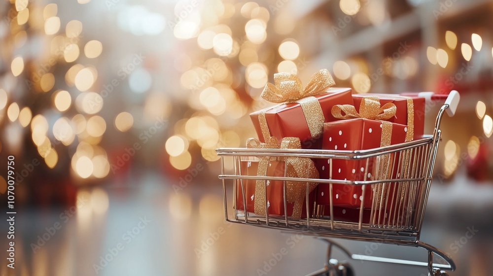 A festive shopping cart filled with beautifully wrapped Christmas gifts, logistic, christmas, new year set against a backdrop of shimmering holiday lights. A festive shopping cart filled with beautifully wrapped Christmas gifts, logistic, christmas, new year set against a backdrop of shimmering holiday lights.