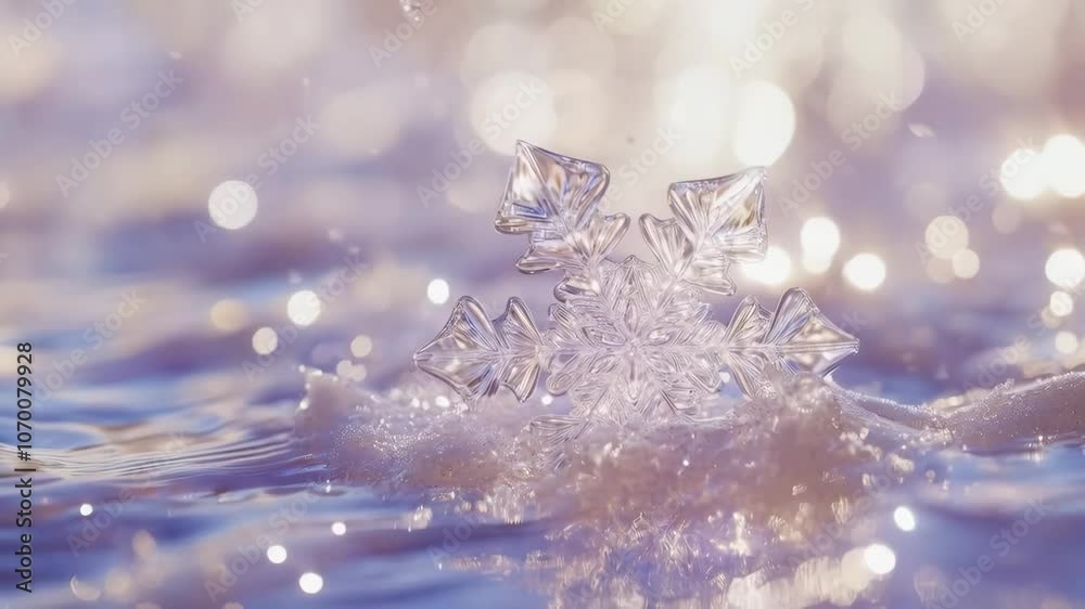 Crystal clear snowflake floating on sparkling water surface Crystal clear snowflake floating on sparkling water surface