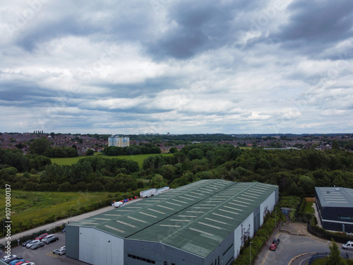 High Angle View of Industrial Estate and Warehouses at Leeds City of United Kingdom. Aerial Footage Was Captured with Drone's Camera on June 12th, 2024 from Medium High Altitude.