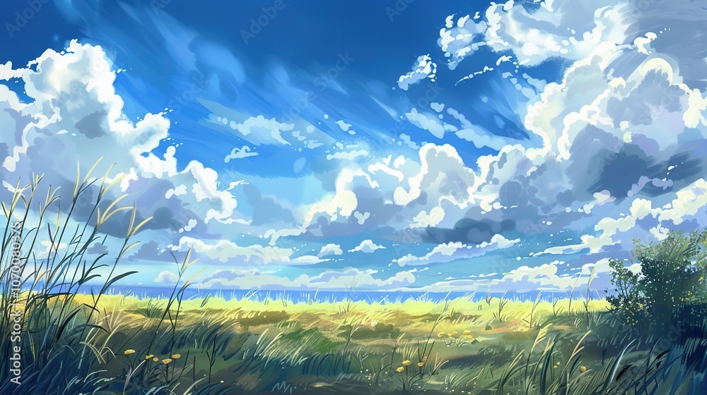 Charming Illustration of Blue Sky, White Clouds, and Grassland: A Visual Symphony of Nature Charming Illustration of Blue Sky, White Clouds, and Grassland: A Visual Symphony of Nature