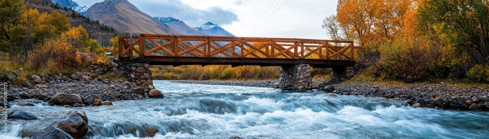 Fototapeta premium Weathered wooden bridge spans a dynamic rushing river, surrounded by lush greenery and vibrant natural scenery.