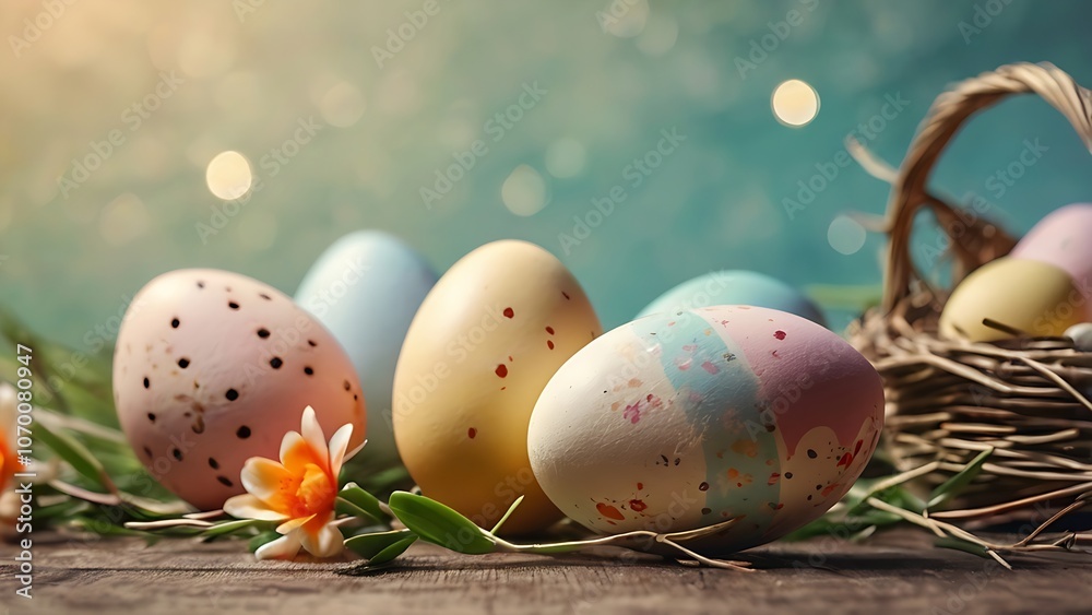 Happy Easter. Easter eggs colorful on a sunny spring day bokeh pastel background, Easter decoration, banner, wallpaper with copy space for text. Happy Easter. Easter eggs colorful on a sunny spring day bokeh pastel background, Easter decoration, banner, wallpaper with copy space for text.